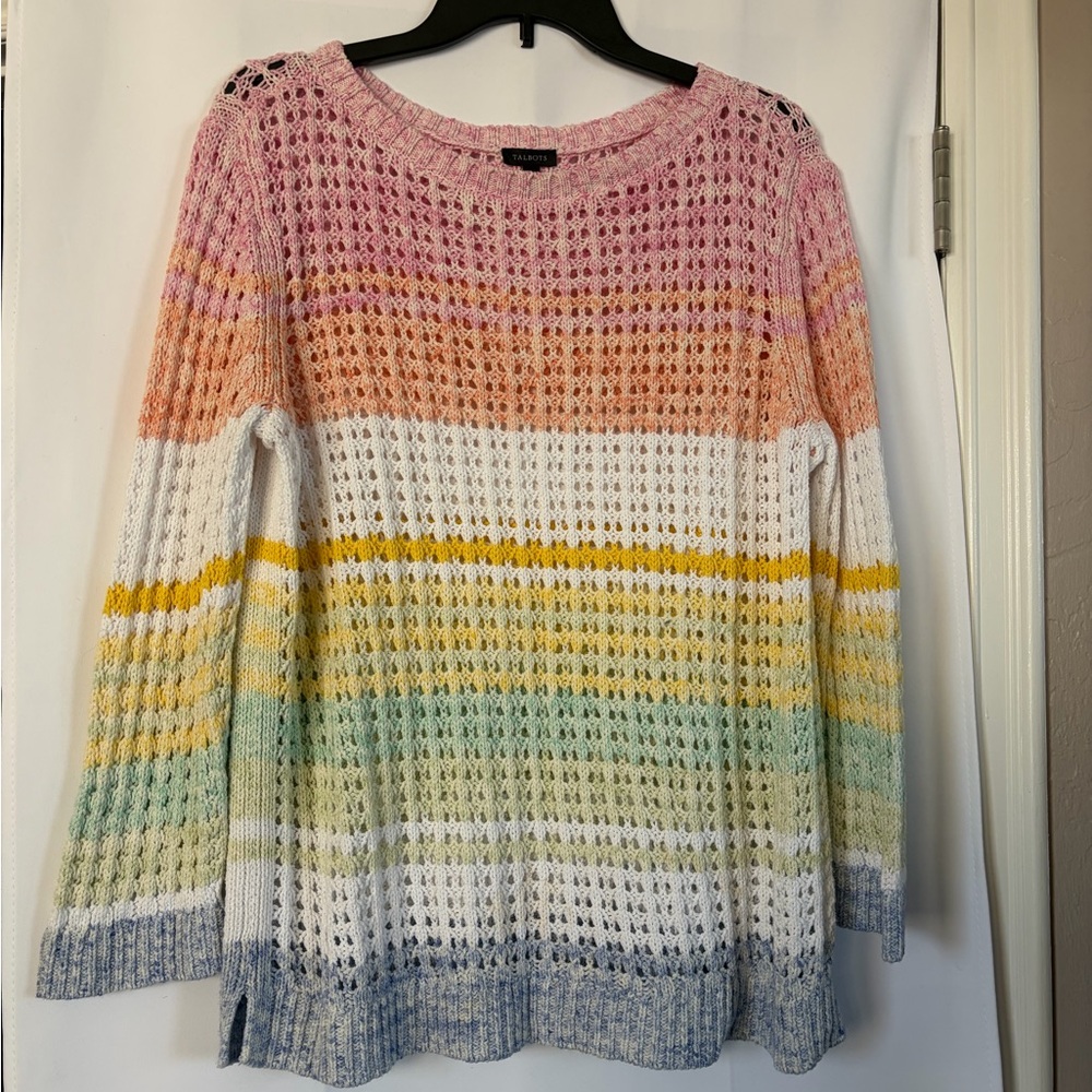Talbots Open Stitch pastel striped cotton‎ sweater